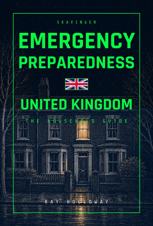 Cover of Emergency Preparedness UK: a wood engraving of a British terraced house at night in the rain, one upstairs window lit, with the title in bright green over it.