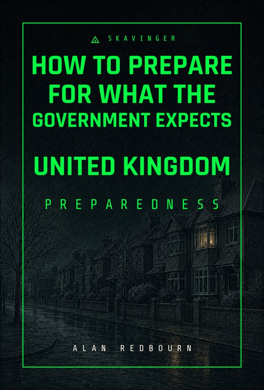 Cover of How to Prepare for What the Government Expects. A British suburban street at night during a power cut, every streetlight out, one upstairs window lit.