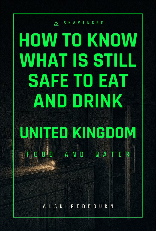 Cover of How to Know What Is Still Safe to Eat and Drink. A domestic kitchen at night, the fridge door open and dark, a torch lying on the worktop.