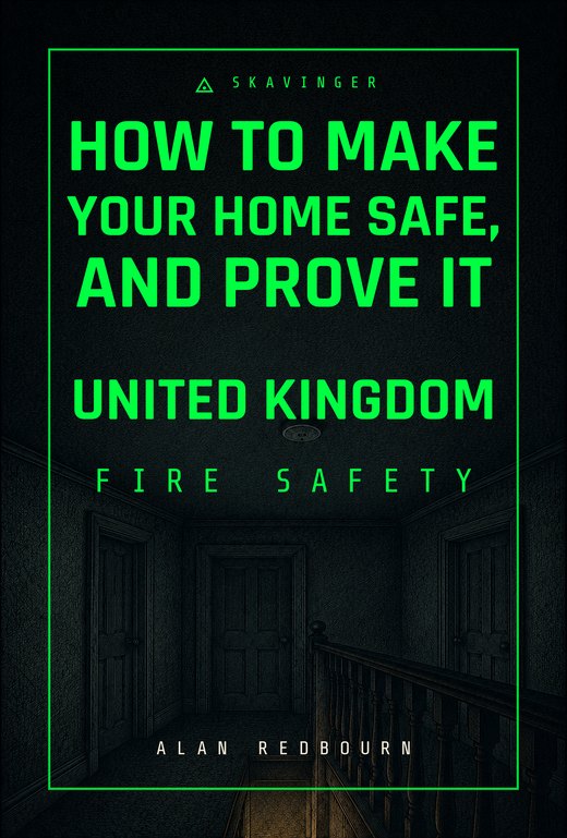 Cover of How to Make Your Home Safe, and Prove It. Looking up at an upstairs landing ceiling at night, a single smoke alarm above closed bedroom doors.